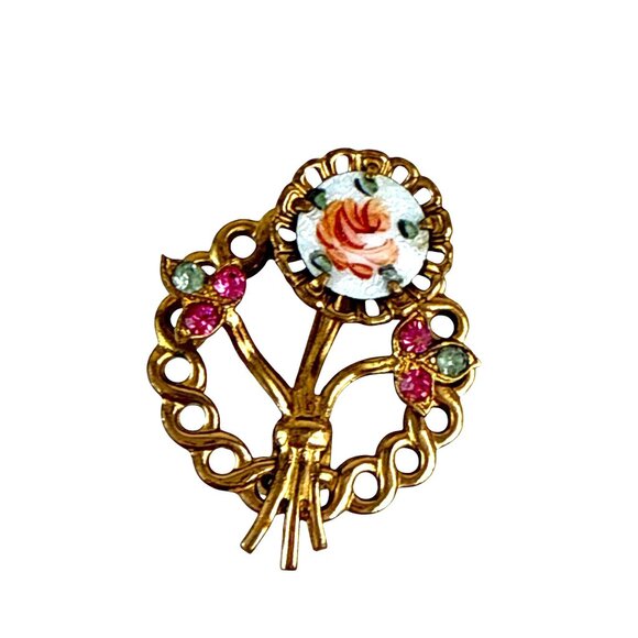 Vintage Porcelain Rose Floral Brooch Gold Tone with Pink Rhinestones - Picture 5 of 6